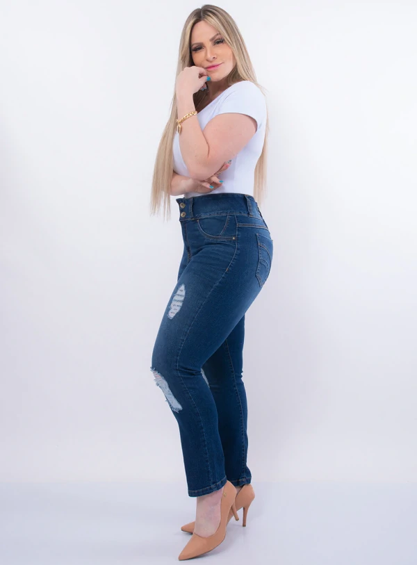 Calça Jeans Plus Size Cintura Alta Destroyed