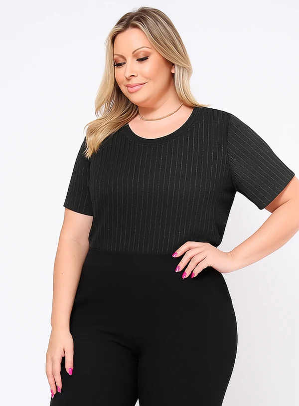Blusa Plus Size em Malha Cotele Metalizada