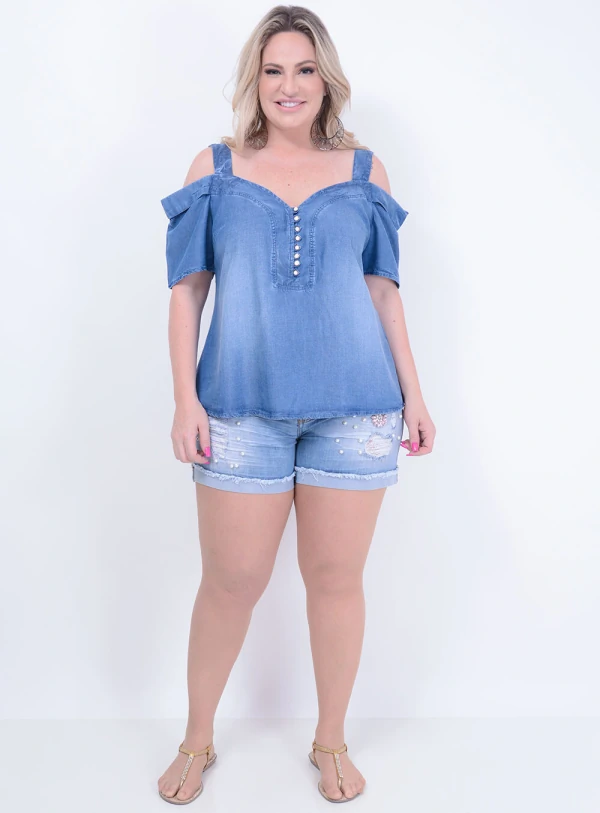 Blusa em Liocel Ciganinha com Decote Princesa e Botões