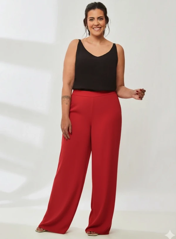 Calça Pantalona Crepe Plus Size com Forro de Poliéster e Elástico no cós