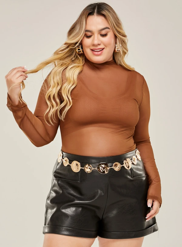 Blusa Plus Size Manga Longa de Tule