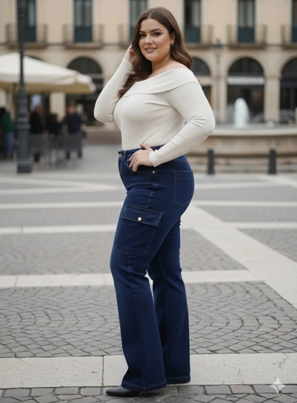 Calça Jeans Cargo Wide Leg Plus Size Azul Escuro