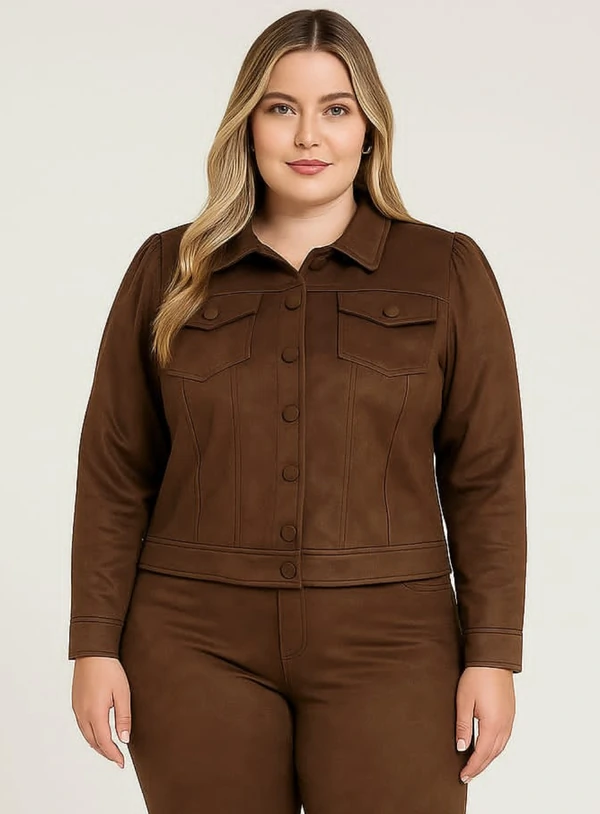 Jaqueta Plus Size em Suede com Botões Frontais