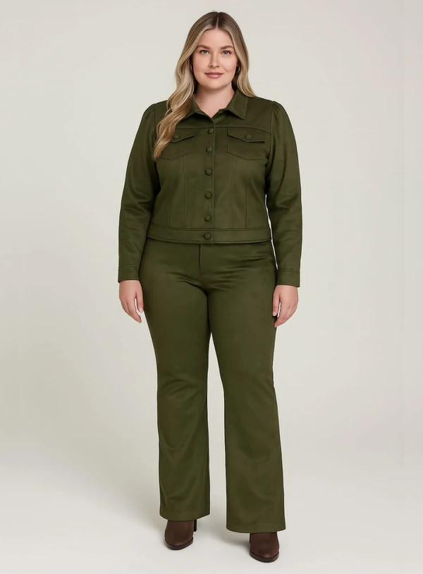 Jaqueta Plus Size em Suede com Botões Frontais