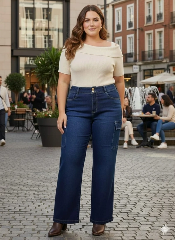Calça Jeans Cargo Wide Leg Plus Size Azul Escuro