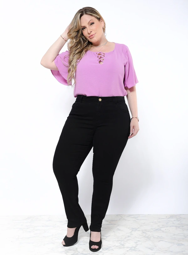 Calça Reta Plus Size Colorida em Sarja com Elastano
