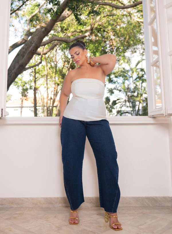 Blusa Plus Size Tomara que Caia Estruturada com Alças Removíveis – Preto, Branco e Amarelo