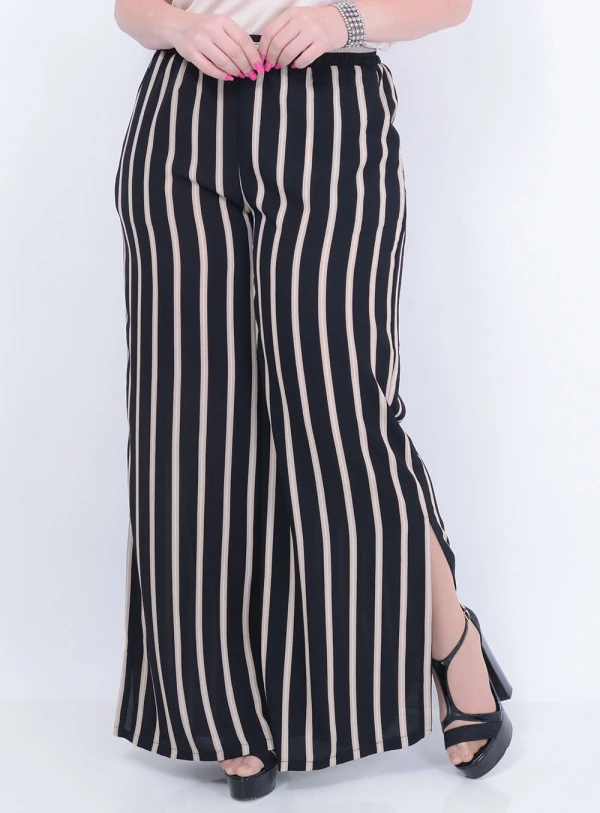 Calça em Crepe Pantalona com Elástico na Cintura Listrada