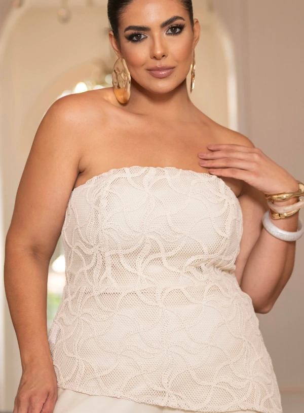 Conjunto Bege Plus Size Calça Pantalona e Blusa com Alça Removível