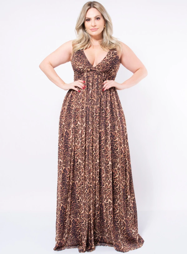 Vestido Longo Plus Size Animal Print em Chiffon