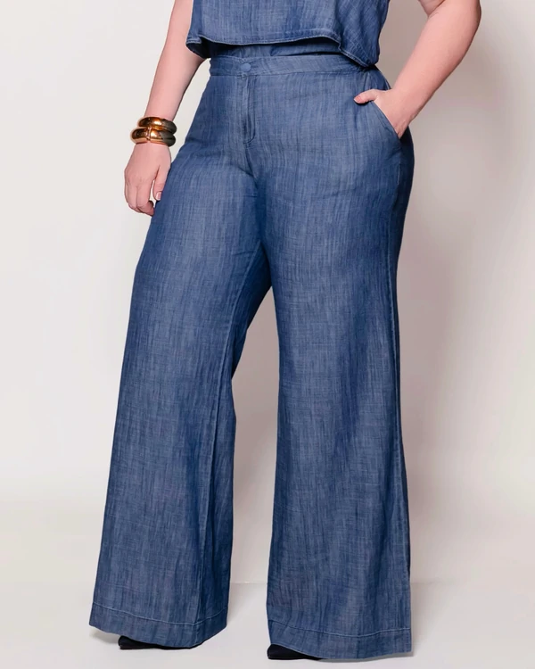 Calça Jeans Pantalona Cintura Alta Plus Size