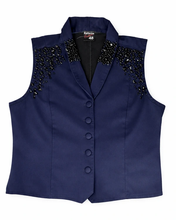 Colete Jeans Plus Size Azul Marinho com Pedraria nos Ombros