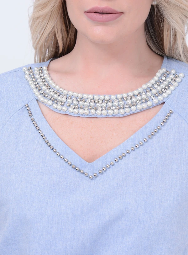 Blusa Jeans Bordado Pérolas Plus Size