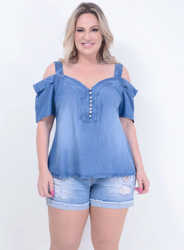 Blusa em Liocel Ciganinha com Decote Princesa e Botões