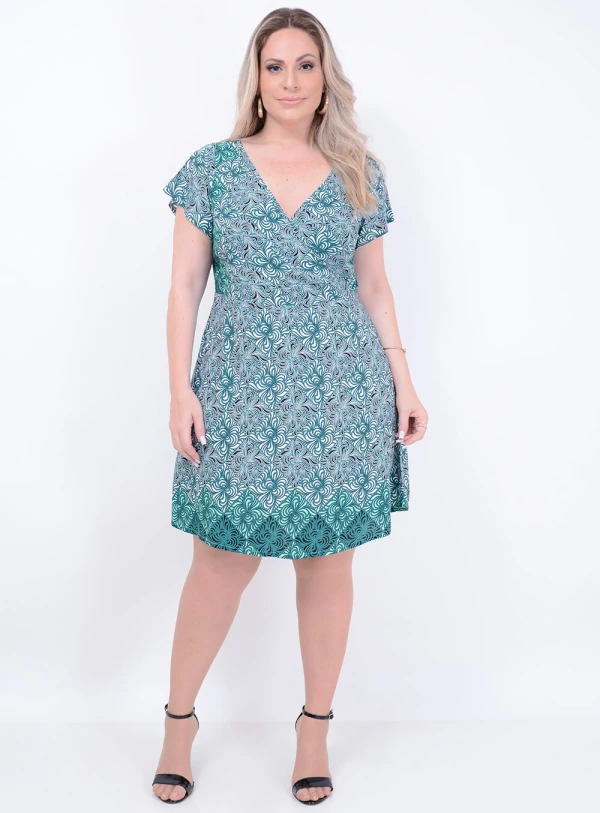 Vestido em Viscose com Decote Transpassado com Manga Sino