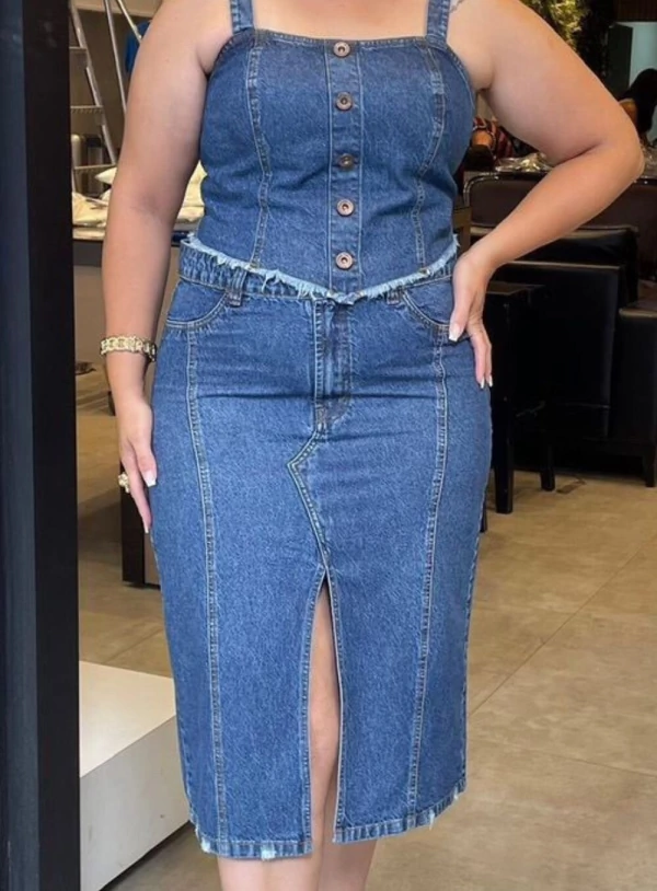 Saia Jeans Plus Size Midi Vintage com Fenda 