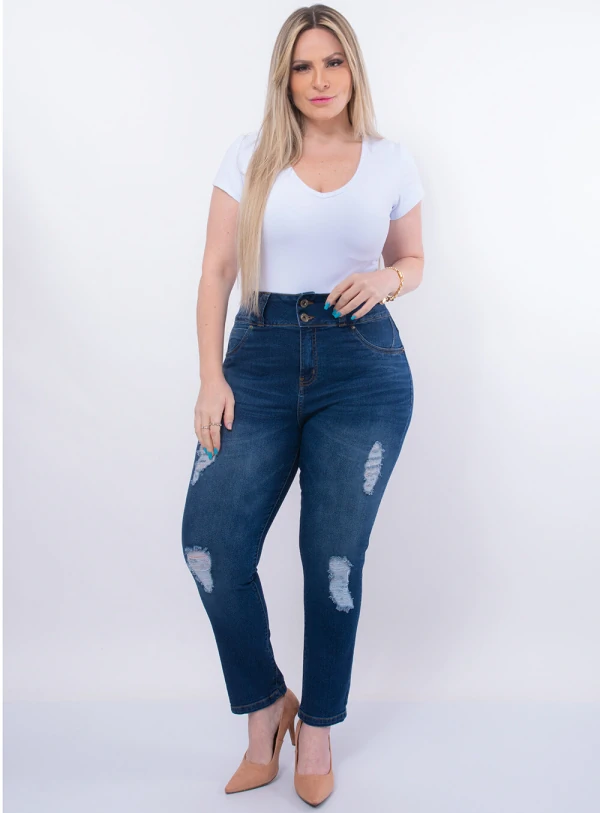 Calça Jeans Plus Size Cintura Alta Destroyed