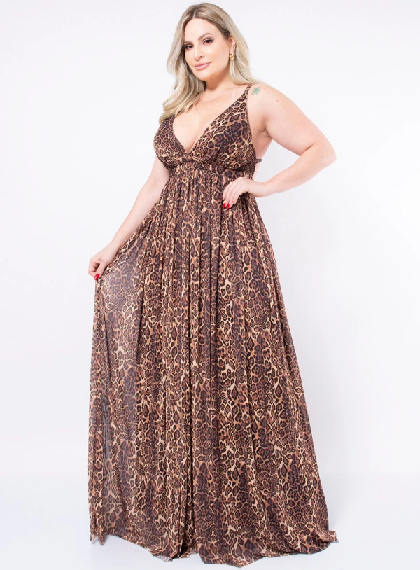 Vestido Longo Plus Size Animal Print em Chiffon