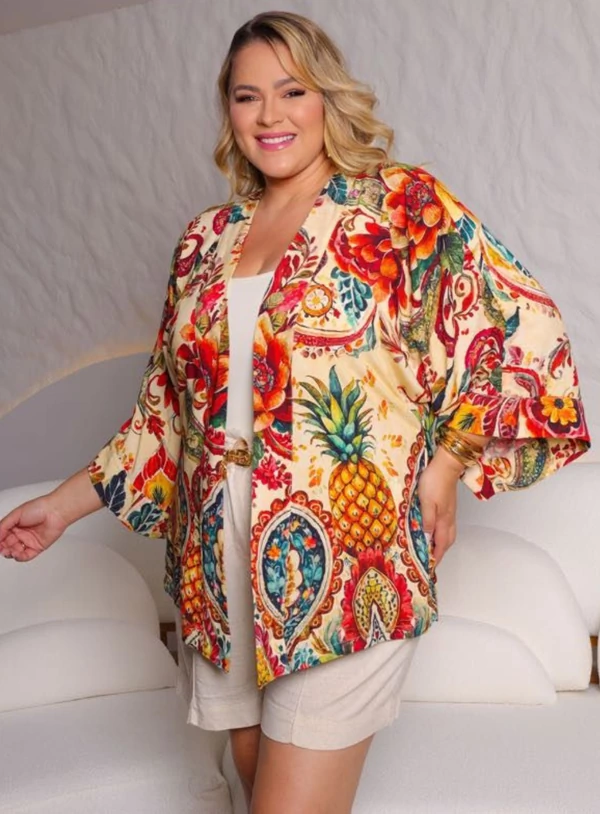 Kimono Alongado Plus Size Estampa Tropical
