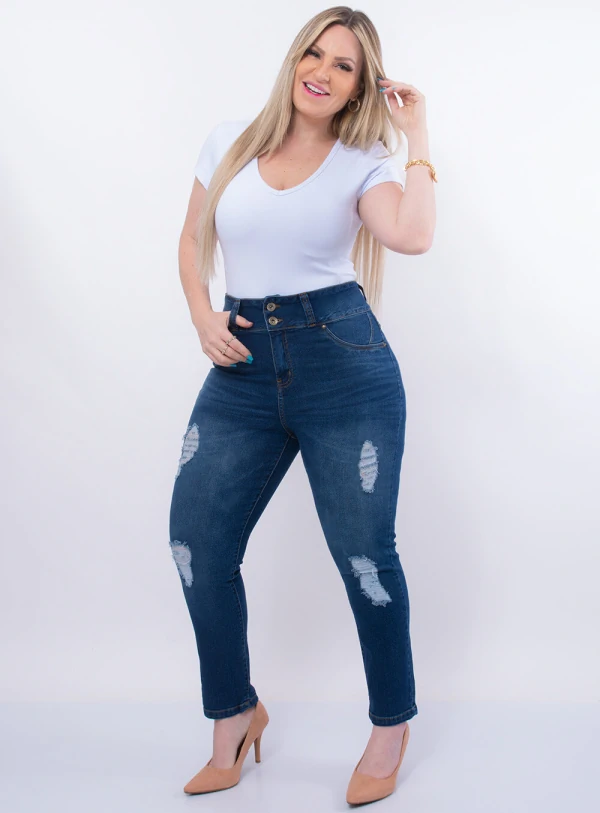 Calça Jeans Plus Size Cintura Alta Destroyed