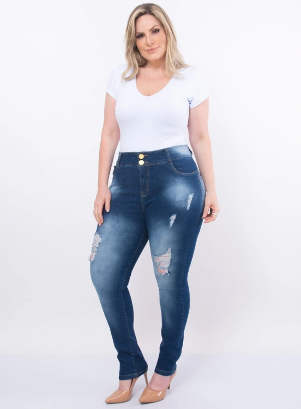 Calça Plus Size Jeans Cintura Alta