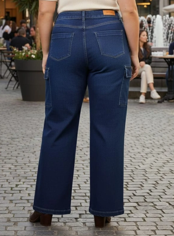 Calça Jeans Cargo Wide Leg Plus Size Azul Escuro