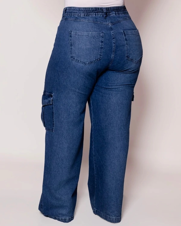 Calça Wide Leg Cargo Plus Size Cós com Elástico