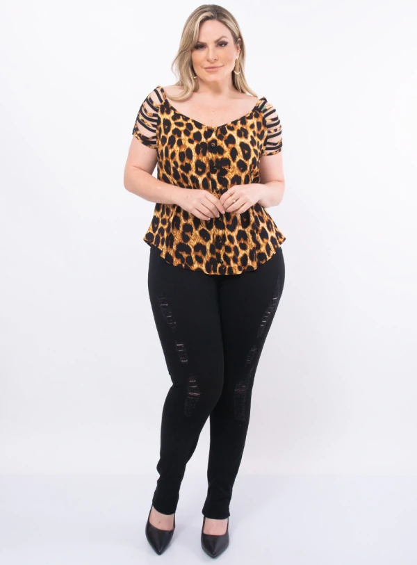 Blusa Plus Size Animal Print com Tiras