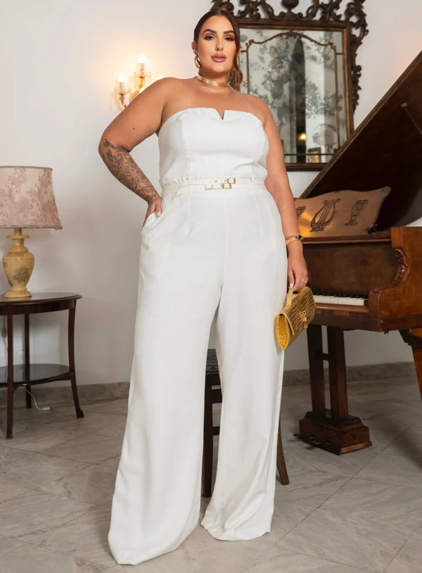 Macacão Plus Size Pantalona com Cinto Duplo e Alça Removível – Vermelho e Branco