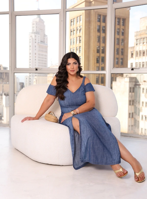 Vestido Jeans Longo Plus Size Manga Ciganinha