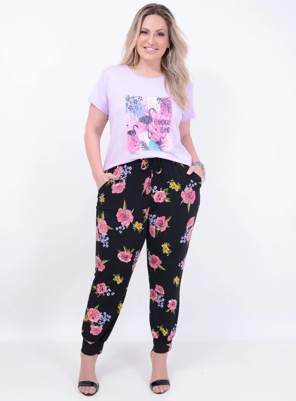 Calça em Helanca Jogger com Amarração Floral