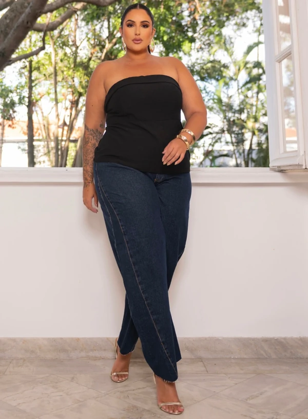 Blusa Plus Size Tomara que Caia Estruturada com Alças Removíveis – Preto, Branco e Amarelo
