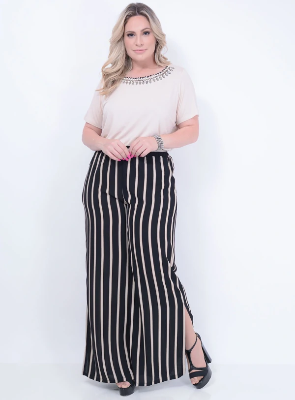 Calça em Crepe Pantalona com Elástico na Cintura Listrada