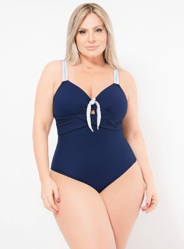 Maiô Plus Size Recorte Bicolor Laço no Decote em Malha Active