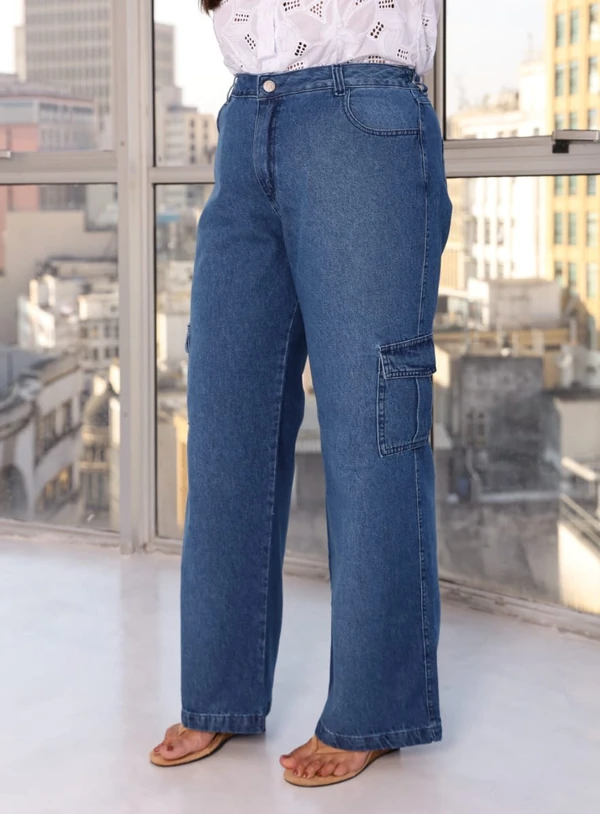 Calça Wide Leg Cargo Plus Size Cós com Elástico