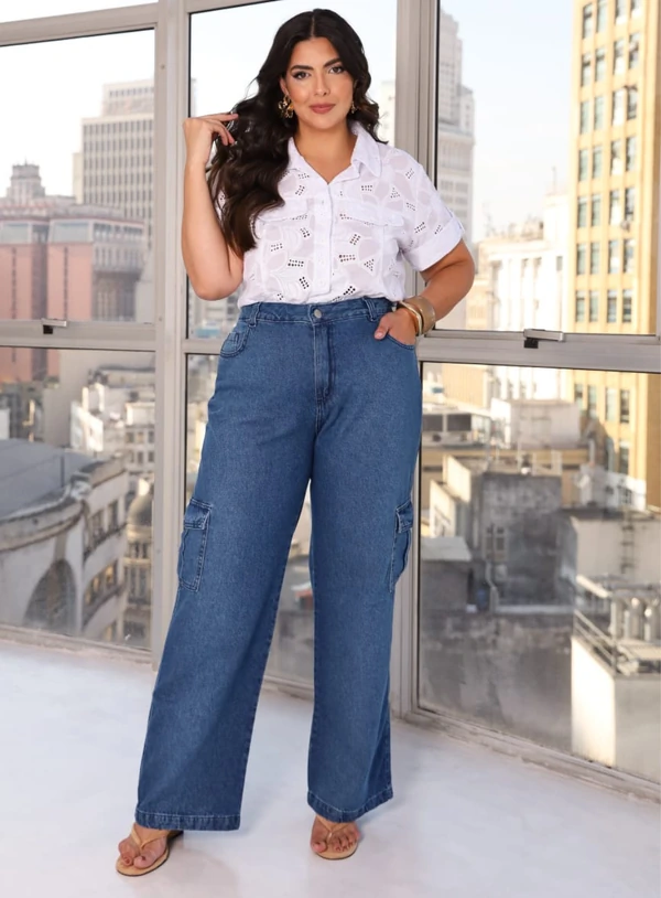 Calça Wide Leg Cargo Plus Size Cós com Elástico