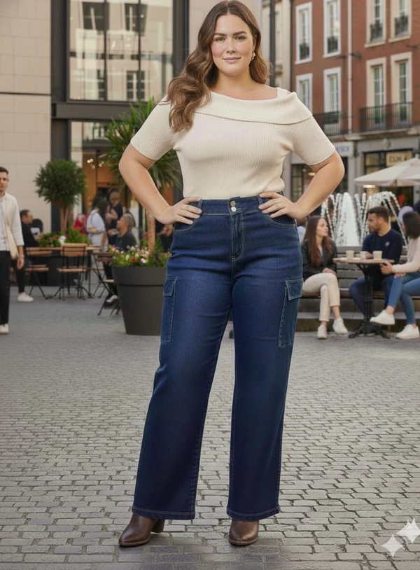 Calça Jeans Cargo Wide Leg Plus Size Azul Escuro