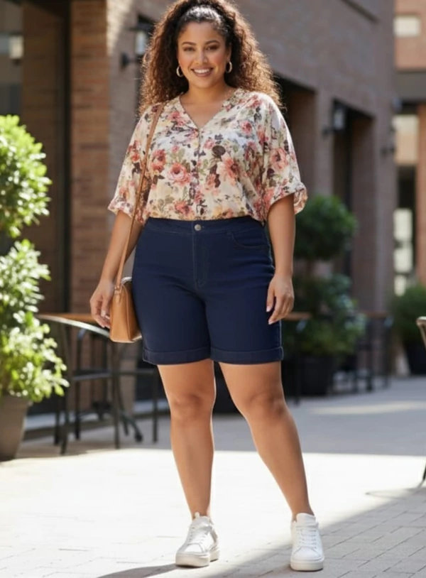 Short Jeans Azul Escuro Barra Dobrada Plus Size com Elastano