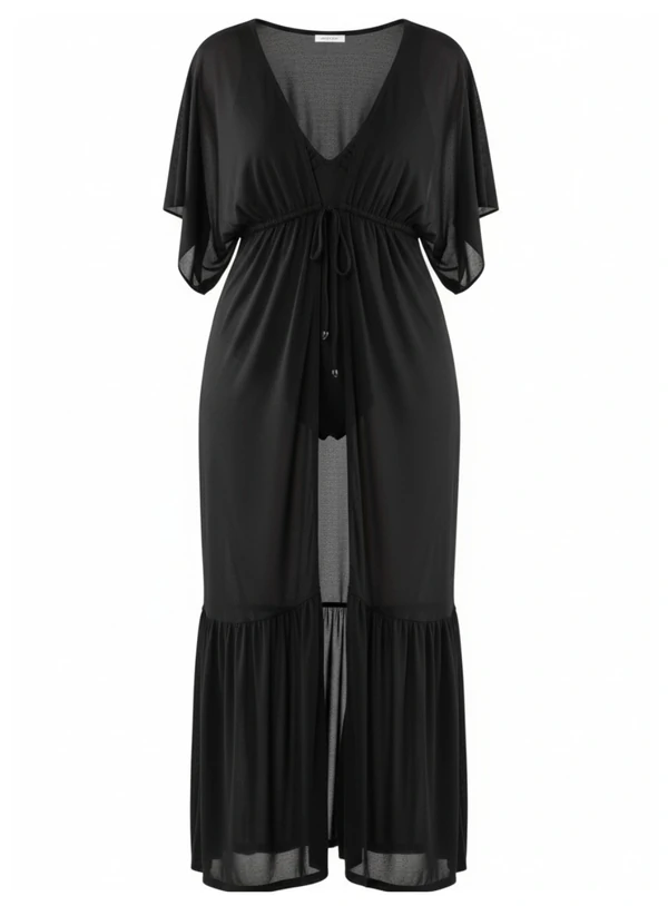 Saída de Praia Longa Plus Size Babados e Amarração na Cintura em Microtule