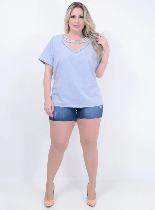 Blusa Jeans Bordado Pérolas Plus Size