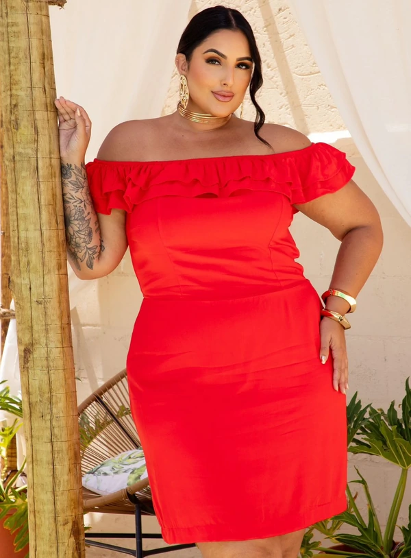 Vestido plus size ciganinha vermelho com babados