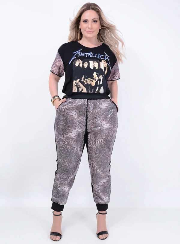 Calça em Bengaline com Paetês Jogger Animal Print com Bolsos