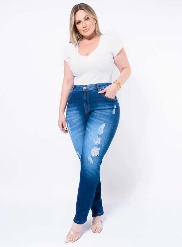 Calça Skinny Jeans Plus Size Destroyed