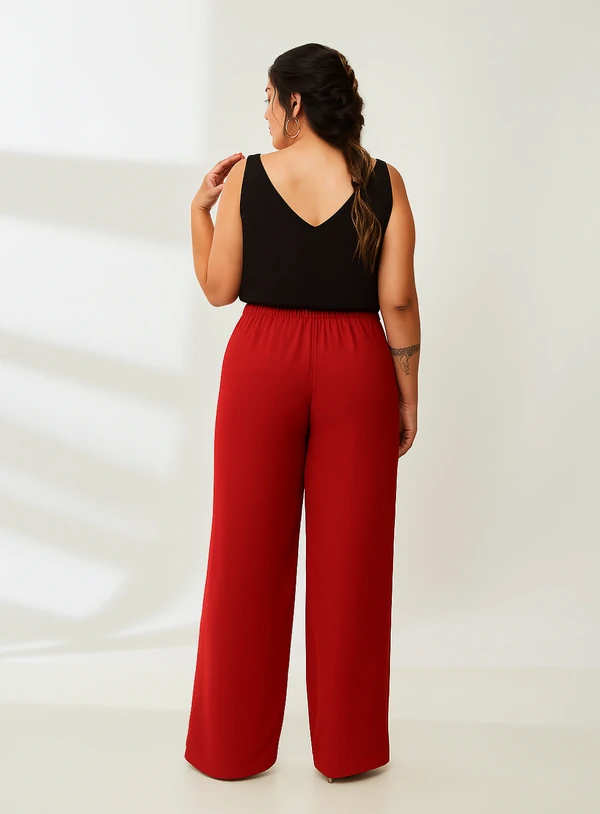 Calça Pantalona Crepe Plus Size com Forro de Poliéster e Elástico no cós