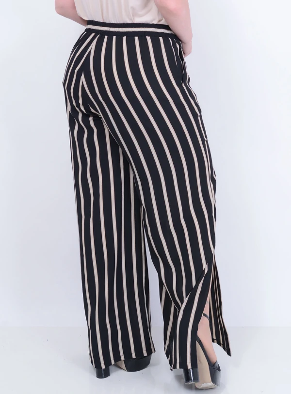 Calça em Crepe Pantalona com Elástico na Cintura Listrada