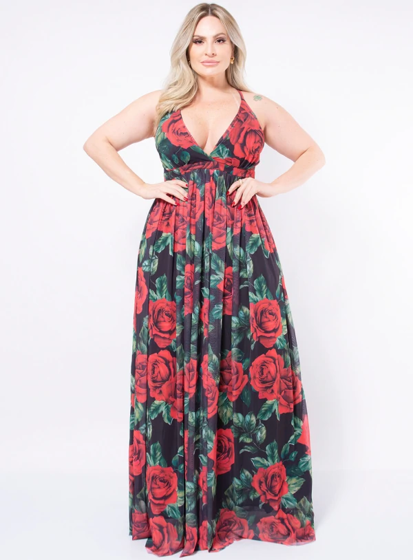 Vestido Longo Plus Size Floral em Chiffon