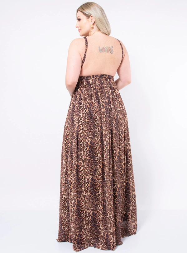 Vestido Longo Plus Size Animal Print em Chiffon
