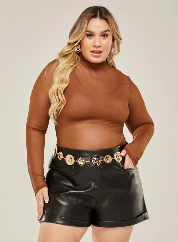Blusa Plus Size Manga Longa de Tule