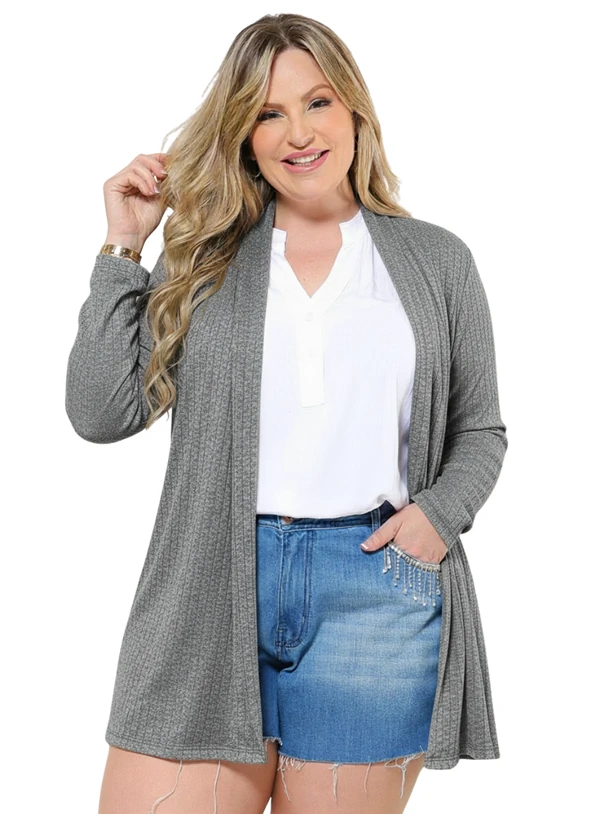 Cardigan Plus Size Malha Tricô Mescla Canelado