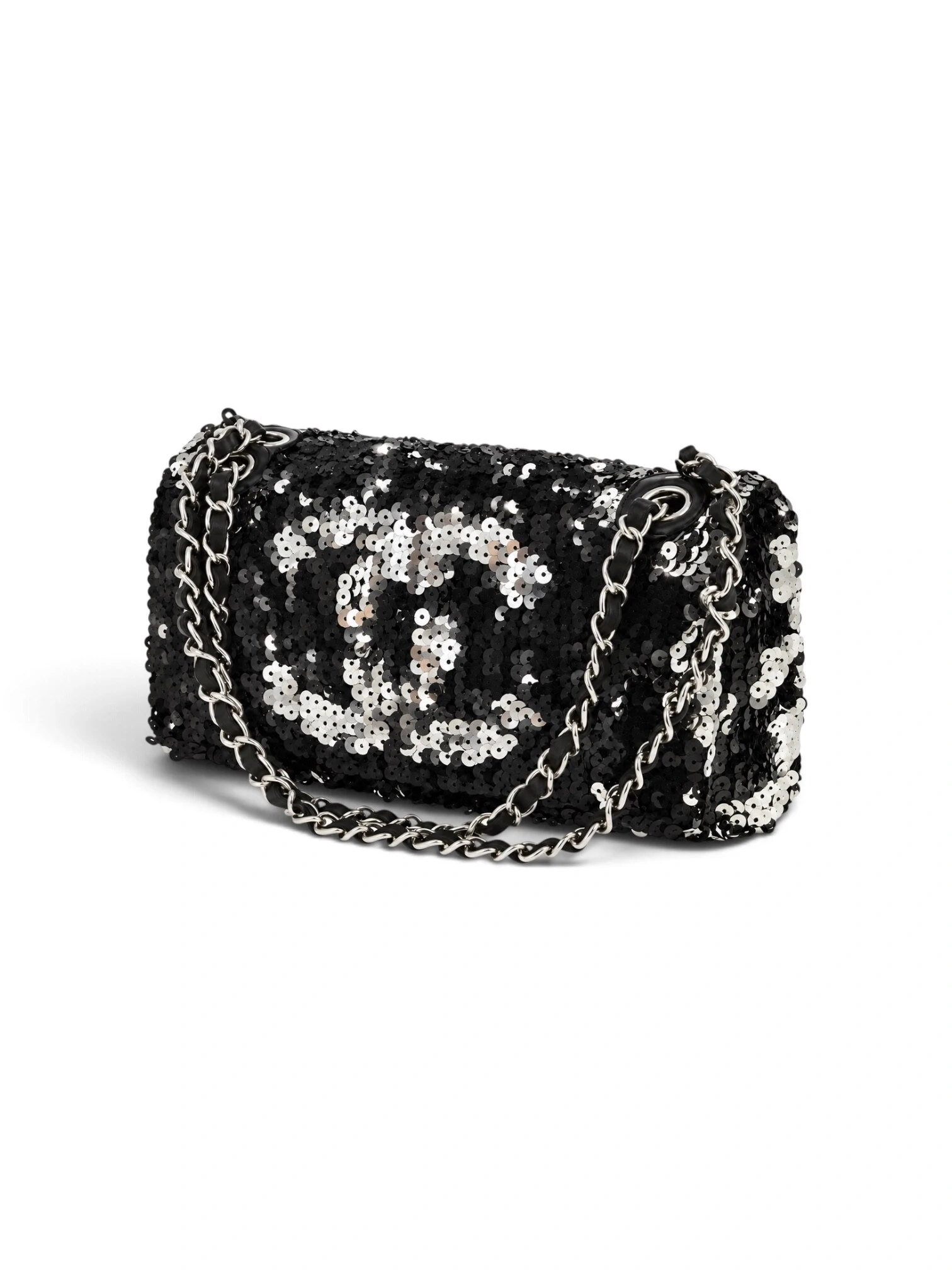 Foto Bolsa Chanel Flap em Paetê Prata com Preto